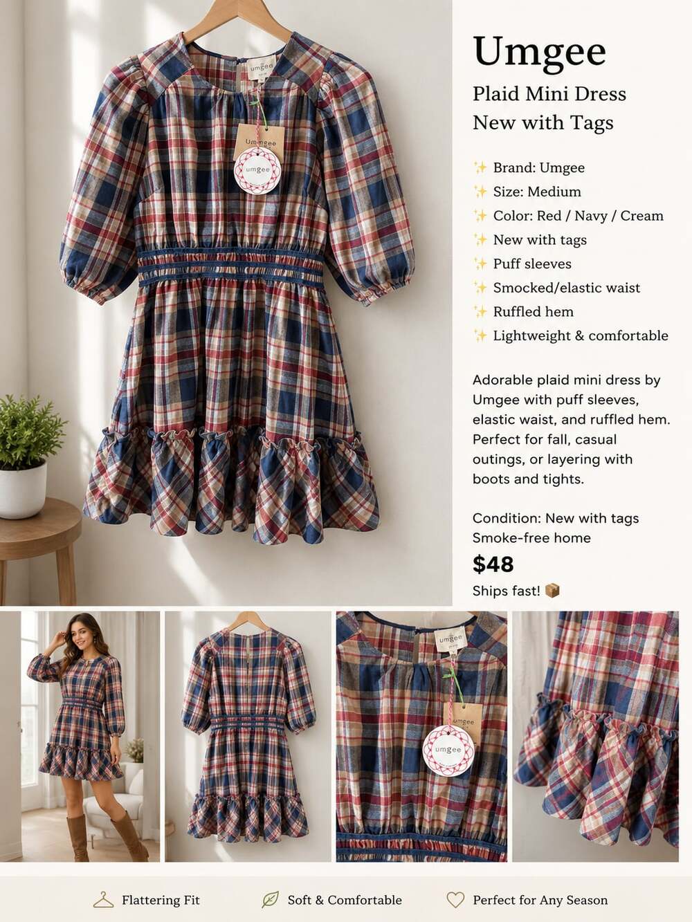 Umgee Plaid Mini Dress with Puff Sleeves and Ruffled Hem